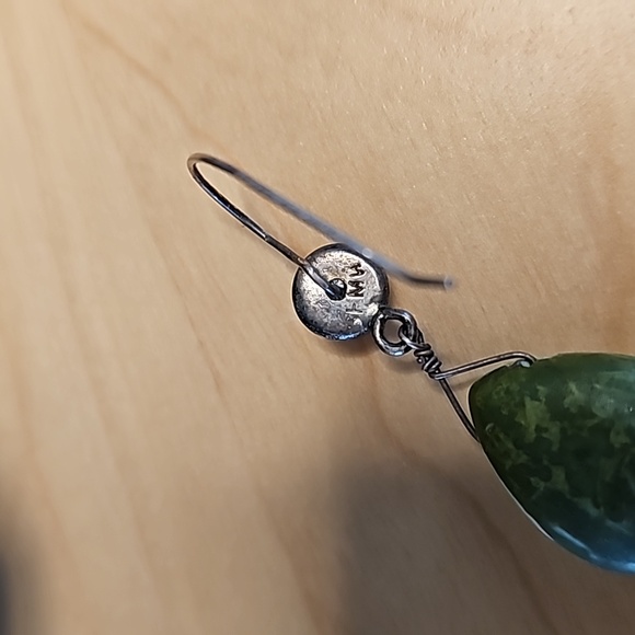 Solvertoned green stone fishhook earrings - Picture 5 of 6